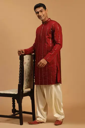  maroon and cream viscose kurta and patiala set