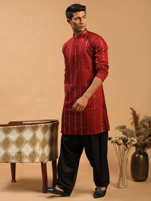 maroon and black viscose kurta and patiala with mirror work 2