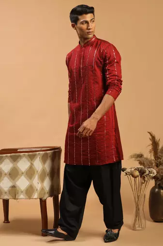 maroon and black viscose kurta and patiala with mirror work