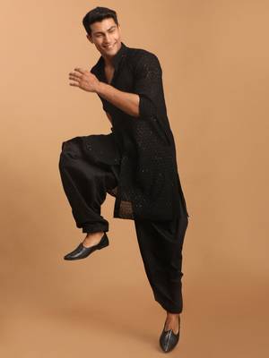 Black Georgette Kurta and Patiala Set For Men - Stitched 1