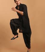 Black Georgette Kurta and Patiala Set For Men - Stitched