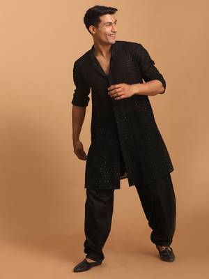 Black Georgette Kurta and Patiala Set For Men - Stitched 2