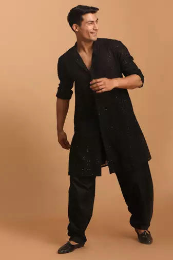 Black Georgette Kurta and Patiala Set For Men - Stitched