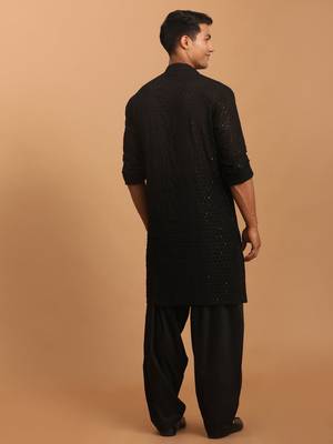 Black Georgette Kurta and Patiala Set For Men - Stitched 3
