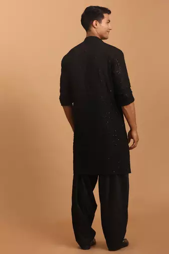 Black Georgette Kurta and Patiala Set For Men - Stitched