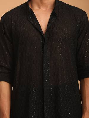 Black Georgette Kurta and Patiala Set For Men - Stitched 4