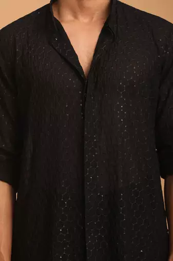 Black Georgette Kurta and Patiala Set For Men - Stitched