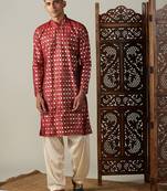 Men'S Maroon And Cream Viscose Kurta And Patiala Set