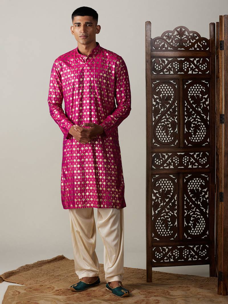 Vastramay men's pink and cream viscose kurta and patiala set
