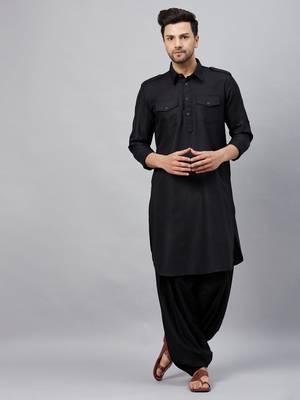 Vastramay men's black cotton blend kurta and patiala set 1