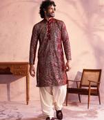 Men'S Maroon And Cream Georgette Kurta And Patiala Set