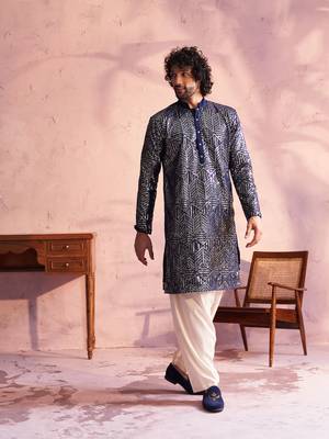 Navy Blue And Cream Georgette Kurta And Patiala Set 1