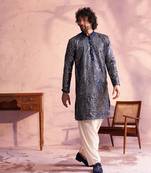 Men'S Navy Blue And Cream Georgette Kurta And Patiala Set