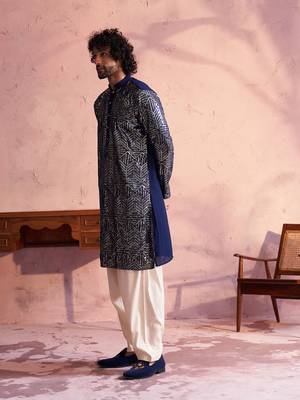 Navy Blue And Cream Georgette Kurta And Patiala Set 2