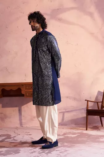 Navy Blue And Cream Georgette Kurta And Patiala Set