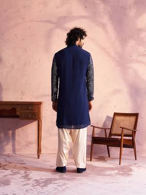 Navy Blue And Cream Georgette Kurta And Patiala Set 3