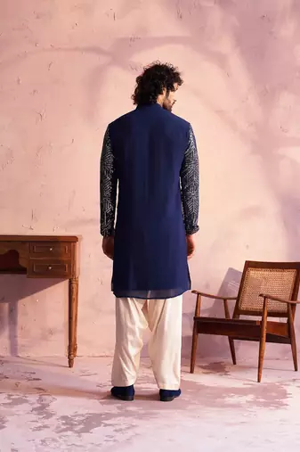 Navy Blue And Cream Georgette Kurta And Patiala Set
