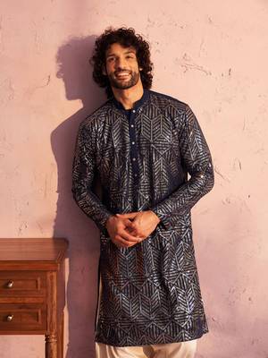 Navy Blue And Cream Georgette Kurta And Patiala Set 4
