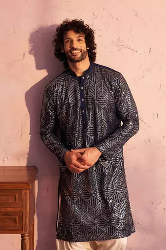 Navy Blue And Cream Georgette Kurta And Patiala Set