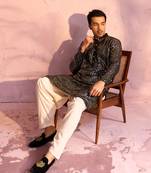 Men'S Black And Cream Georgette Kurta And Patiala Set