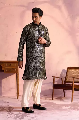 Black And Cream Georgette Kurta And Patiala Set