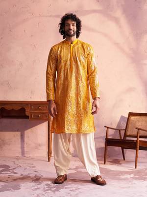 Men'S Yellow And Cream Georgette Kurta And Patiala Set 1