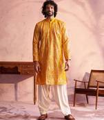 Men'S Yellow And Cream Georgette Kurta And Patiala Set