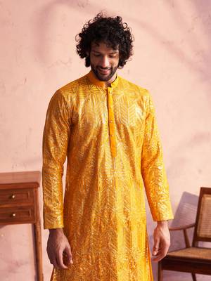 Men'S Yellow And Cream Georgette Kurta And Patiala Set 4