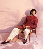 Men'S Maroon And Cream Georgette Kurta And Patiala Set