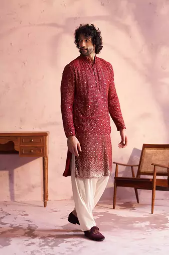 Maroon And Cream Georgette Kurta And Patiala Set