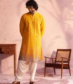 Men'S Yellow And Cream Georgette Kurta And Patiala Set