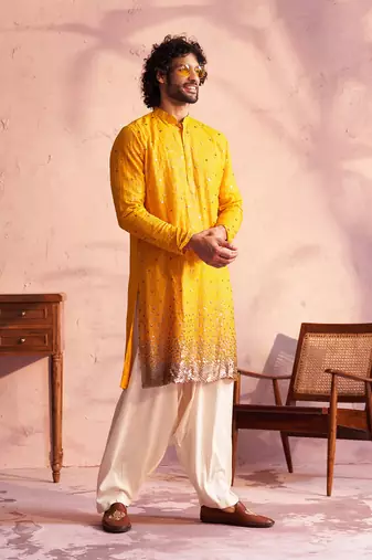 Yellow And Cream Georgette Kurta And Patiala Set