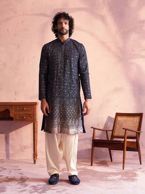 Navy Blue And Cream Georgette Kurta And Patiala Set 1