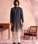 Men'S Navy Blue And Cream Georgette Kurta And Patiala Set