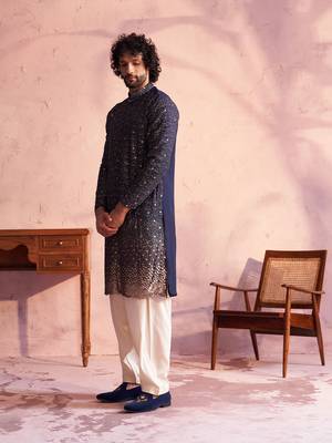 Navy Blue And Cream Georgette Kurta And Patiala Set 2