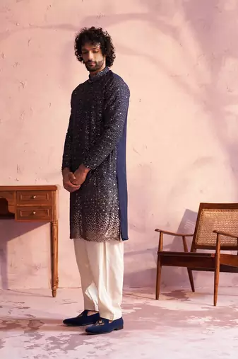 Navy Blue And Cream Georgette Kurta And Patiala Set