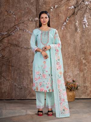Sky Blue Linen Cotton Embroidered Readymade Trouser Pant Suit 1