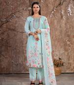 Sky Blue Linen Cotton Embroidered Readymade Trouser Pant Suit