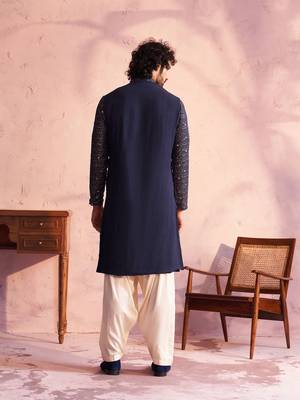 Navy Blue And Cream Georgette Kurta And Patiala Set 3