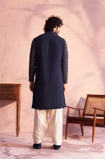 Navy Blue And Cream Georgette Kurta And Patiala Set