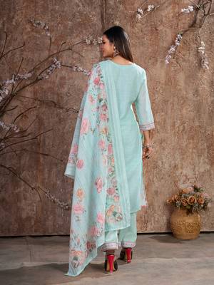 Sky Blue Linen Cotton Embroidered Readymade Trouser Pant Suit 3