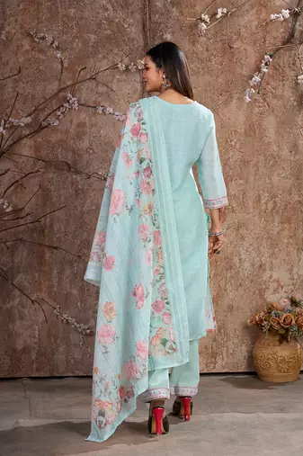 Sky Blue Linen Cotton Embroidered Readymade Trouser Pant Suit