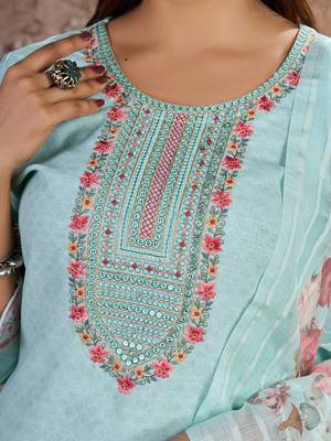 Sky Blue Linen Cotton Embroidered Readymade Trouser Pant Suit 4