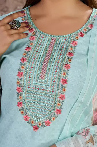 Sky Blue Linen Cotton Embroidered Readymade Trouser Pant Suit