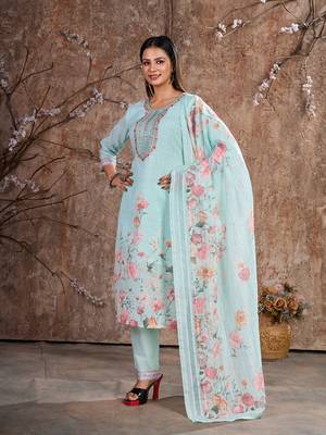 Sky Blue Linen Cotton Embroidered Readymade Trouser Pant Suit 5