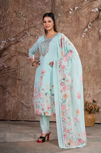 Sky Blue Linen Cotton Embroidered Readymade Trouser Pant Suit