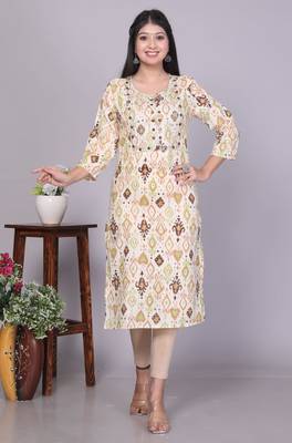 Cotton cream embroidery work straight kurta 1