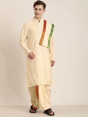 mens' cream cotton blend kurta dhoti with tricolour dupatta 1