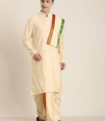mens' cream cotton blend kurta dhoti with tricolour dupatta