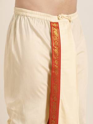 mens' cream cotton blend kurta dhoti with tricolour dupatta 3